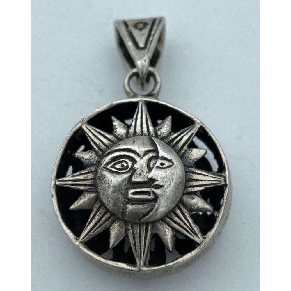 Unique Two Sided Silver Crescent Moon & Sun Faces Multi-Stone Celestial Pendant